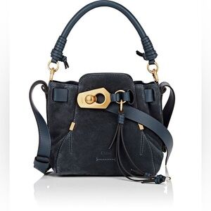Chloé Designer Rare Suede Calfskin Medium Owen Bucket Bag Navy Teal